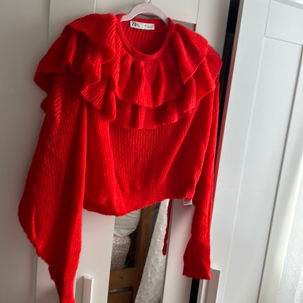zara red ruffle sweater